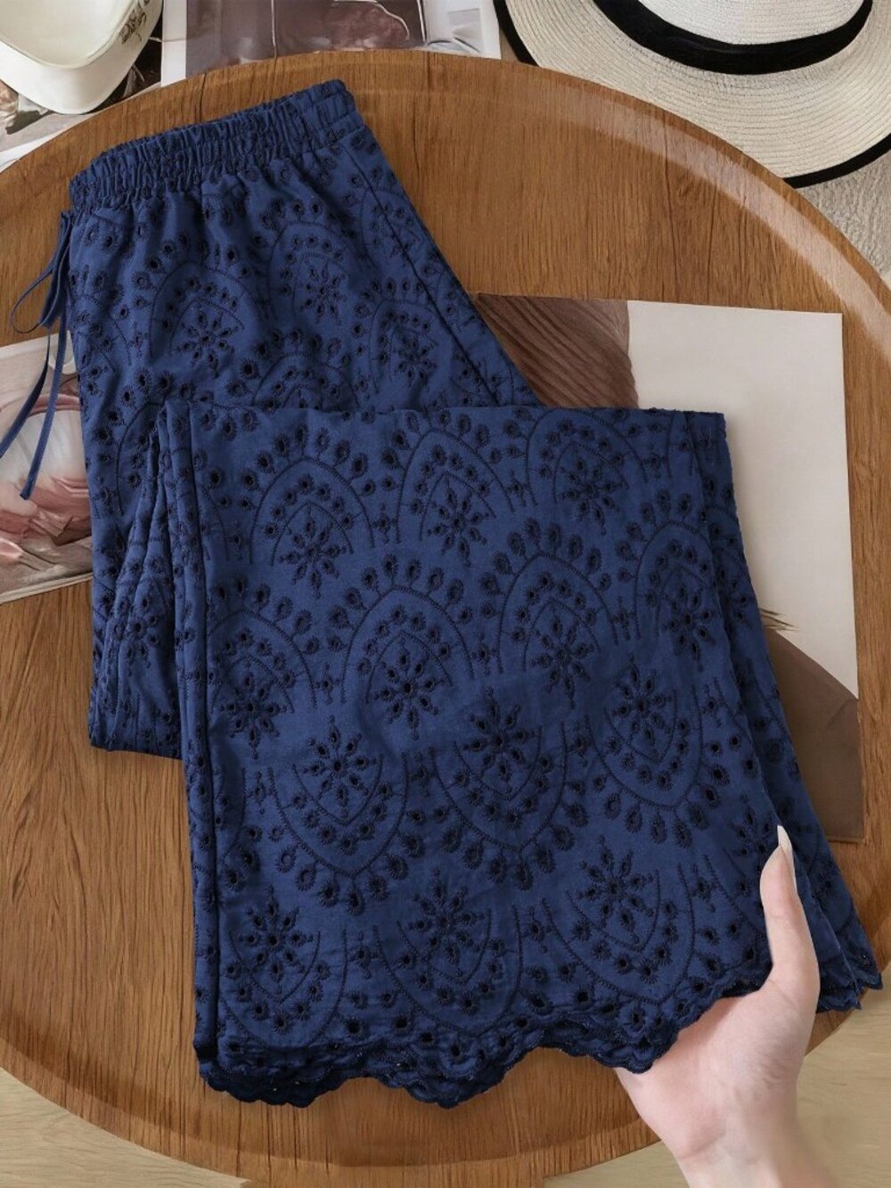 Navy Blue Casual Women's Plus Size Embroidered Pants
